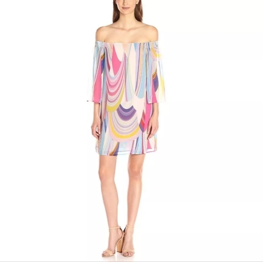 Trina Turk Amaris Rainbow Reflections Georgette Off-Shoulder Dress Size 8